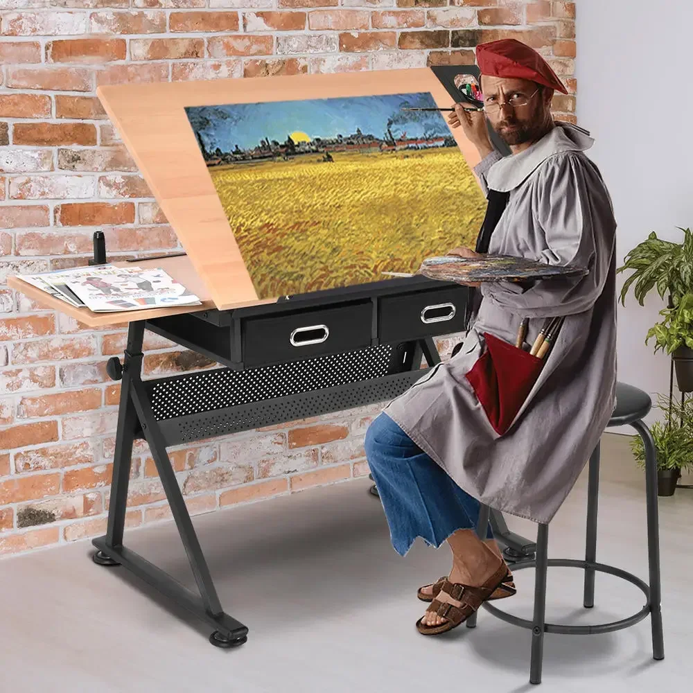 Ensemble table et tabouret de dessin avec plateau inclinable et tiroirs - Naturel