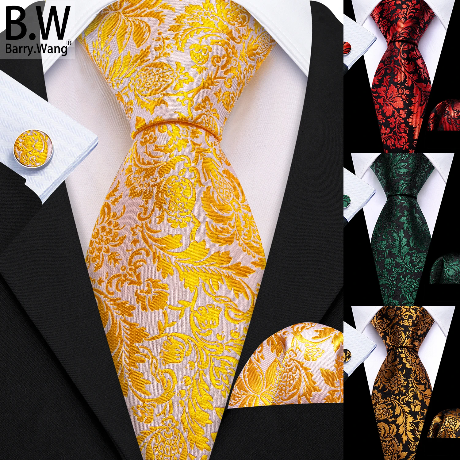 

Barry.Wang Silk Men Tie Hanky Cufflinks Set Jacquard Floral Same Pattern Various Colors Necktie for Male Wedding Business Party