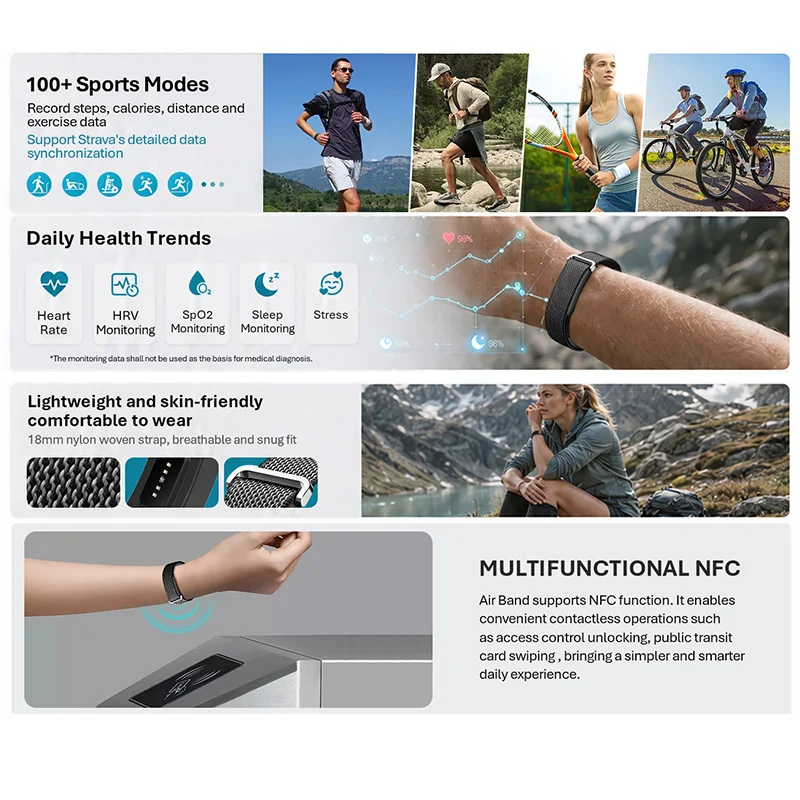 VALDUS Air Band Smart Bracelet Man Woman Heart Rate Blood Pressure Calorie HRV Waterproof Long Battery Life NFC Fitness Tracker view 3