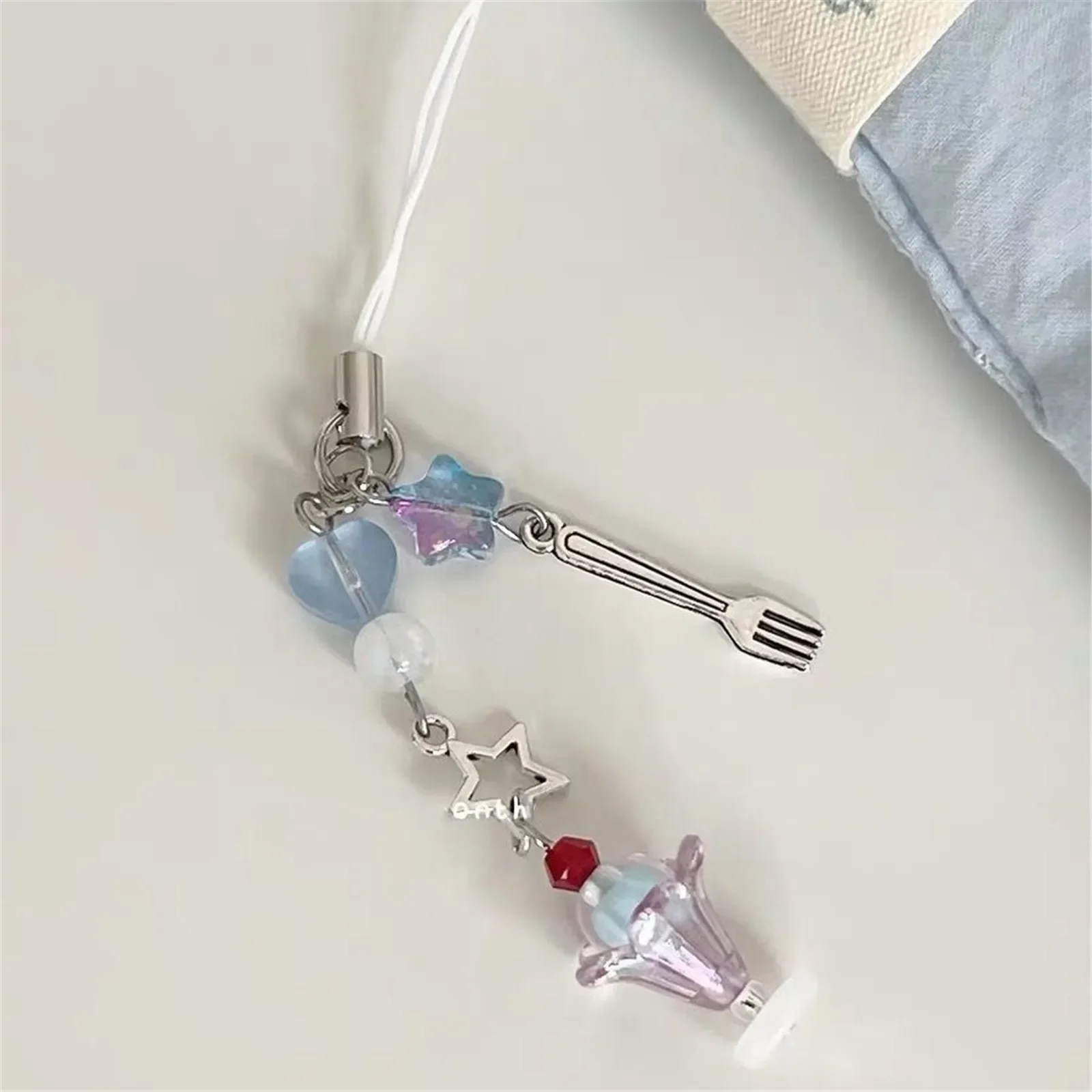 Cute Bowknot Ice Cream Pendant Mobile Phone Chain Charm Beaded Keychain Phone Strap Lanyard Earphone Hanging Decor Accessories