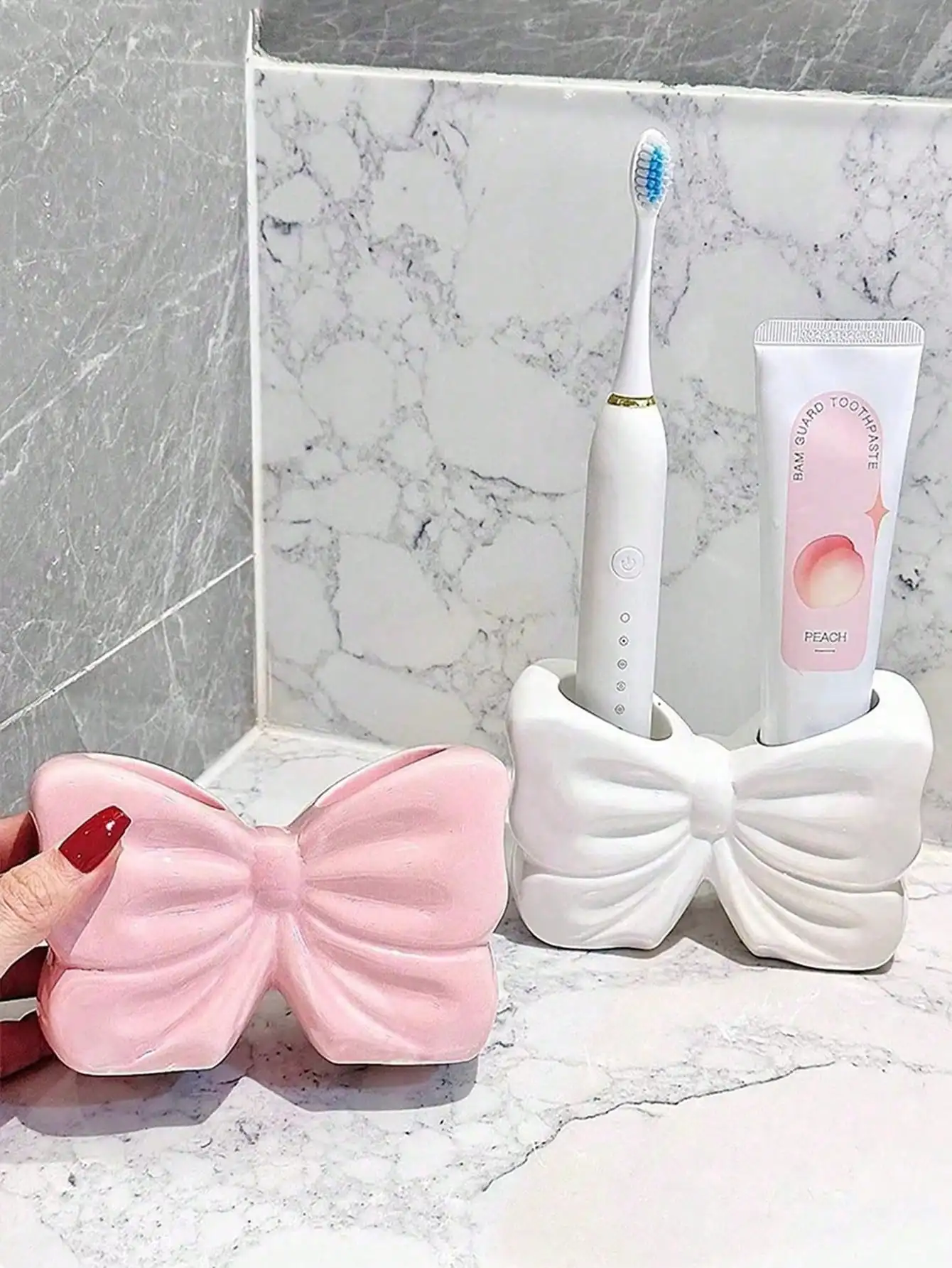 

Ins Style Dual Slot Ceramic Toothbrush Holder - Bowknot Design | Electric Toothbrush/Toothpaste Vanity Organizer