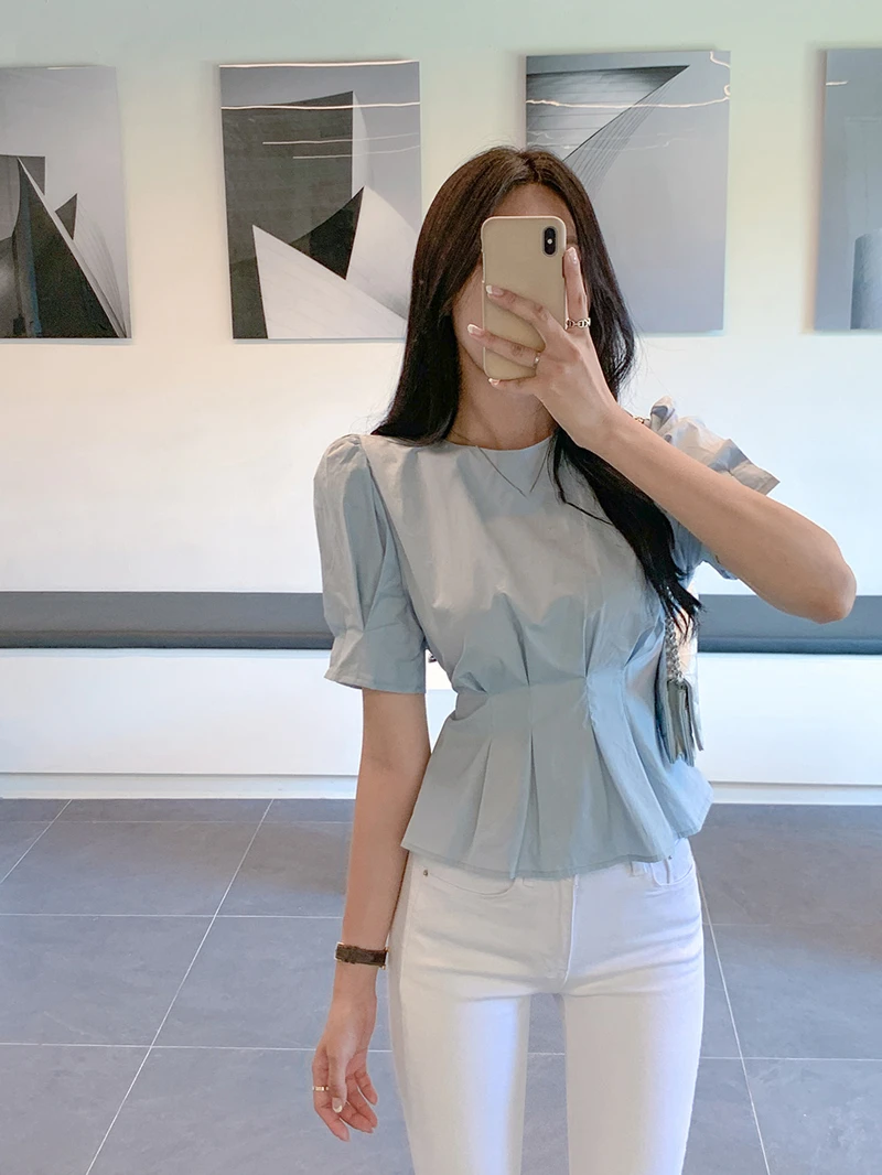

Summer New Waist-Cinching Slimming T-irt with Bow ort Sve Bubble Sve Hemmed Doll irt Faionable Women's Top