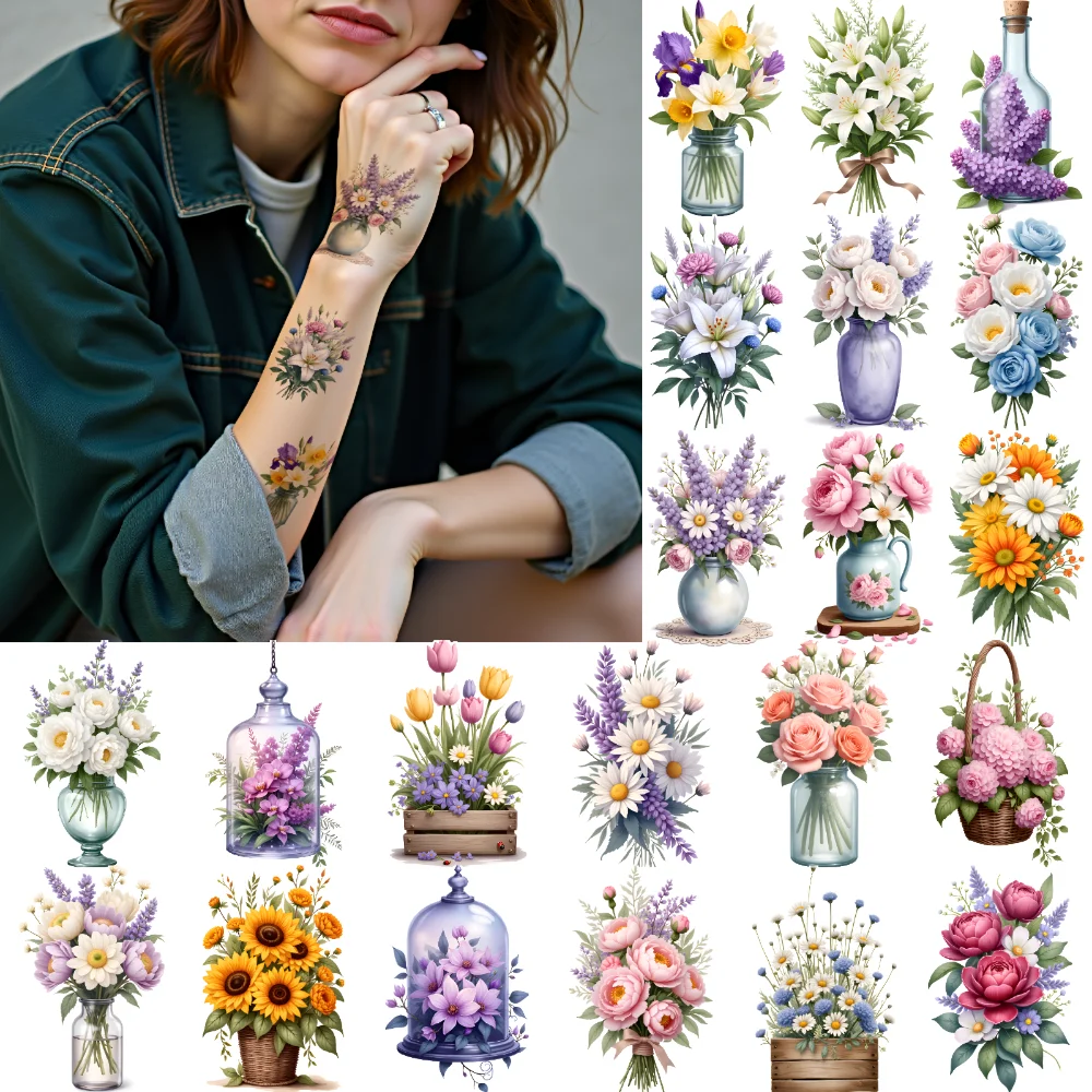 28pcs Temporary Tattoo Flower Bouquets Temporary Tattoo Stickers Decorative Stickers Illustration For Women Shoulders Cheeks