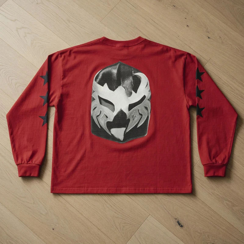 Stock New Red Mask Print Kanye West T-shirts Trend Five Pointed Star Prints Fashionable Mask Print Vultures YZY Top Tee