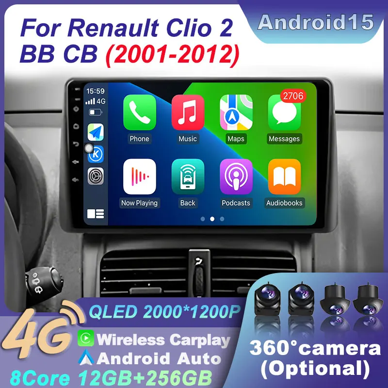 

Navigation For Renault Clio 2 BB CB 2001-2012 Android 15 Car Wireless Touch 2K QLED Screen BT Radio CarPlay 4G Multimedia Player