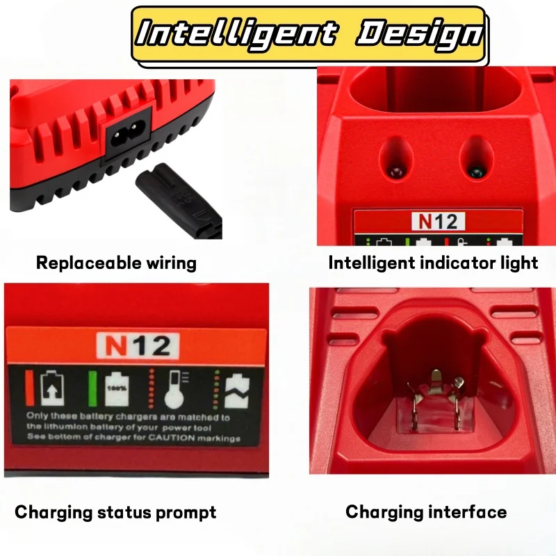 Victpower  1Pcs For Portable Milwaukee M12 Single Lithium Battery Charger Interchangeable Plugs(US/EU/UK/AU) Fast Charging