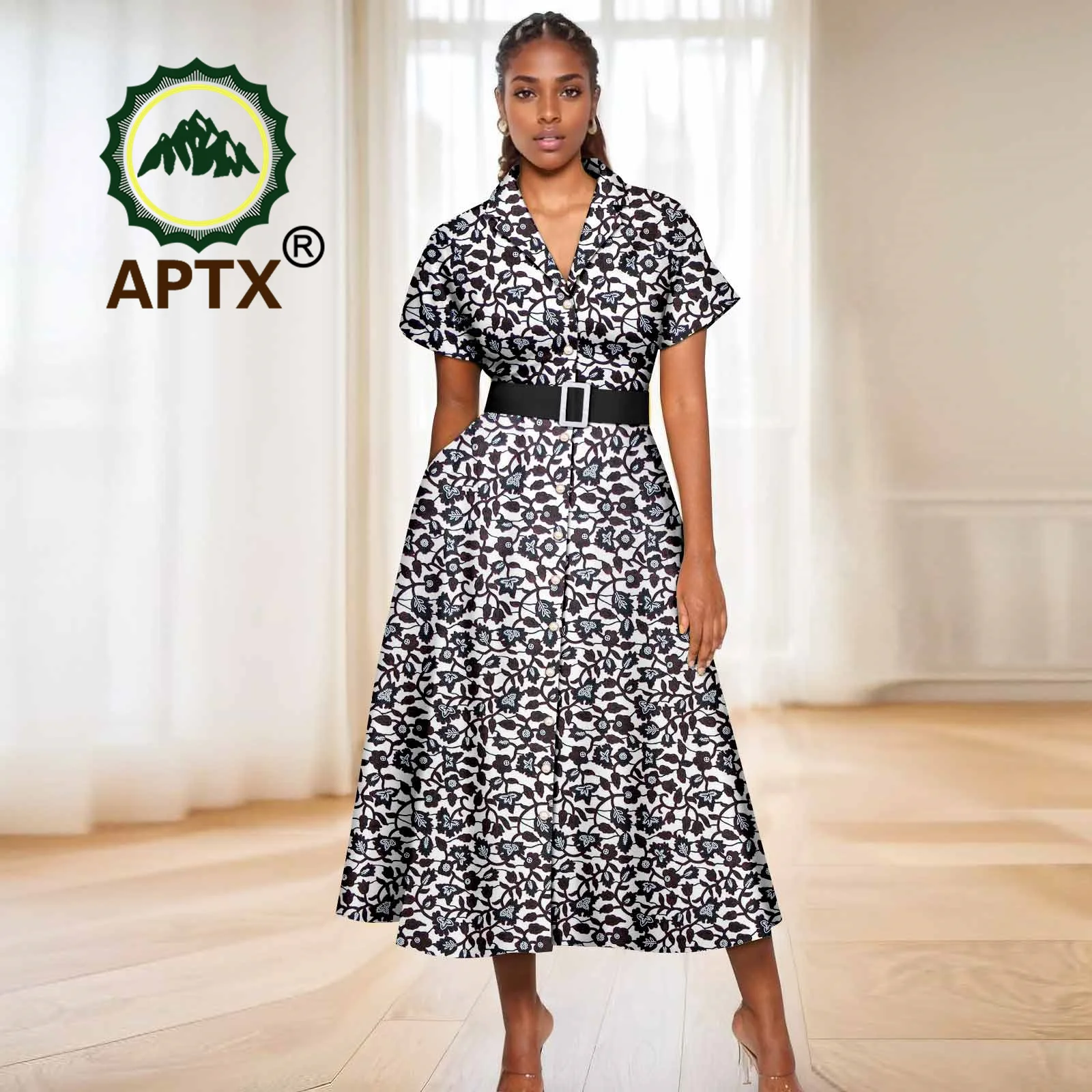 African Dress for Women Ankara Print Short Sleeve Turndown collar Dresses with Belt Dashiki Casual Party Wedding Clothes