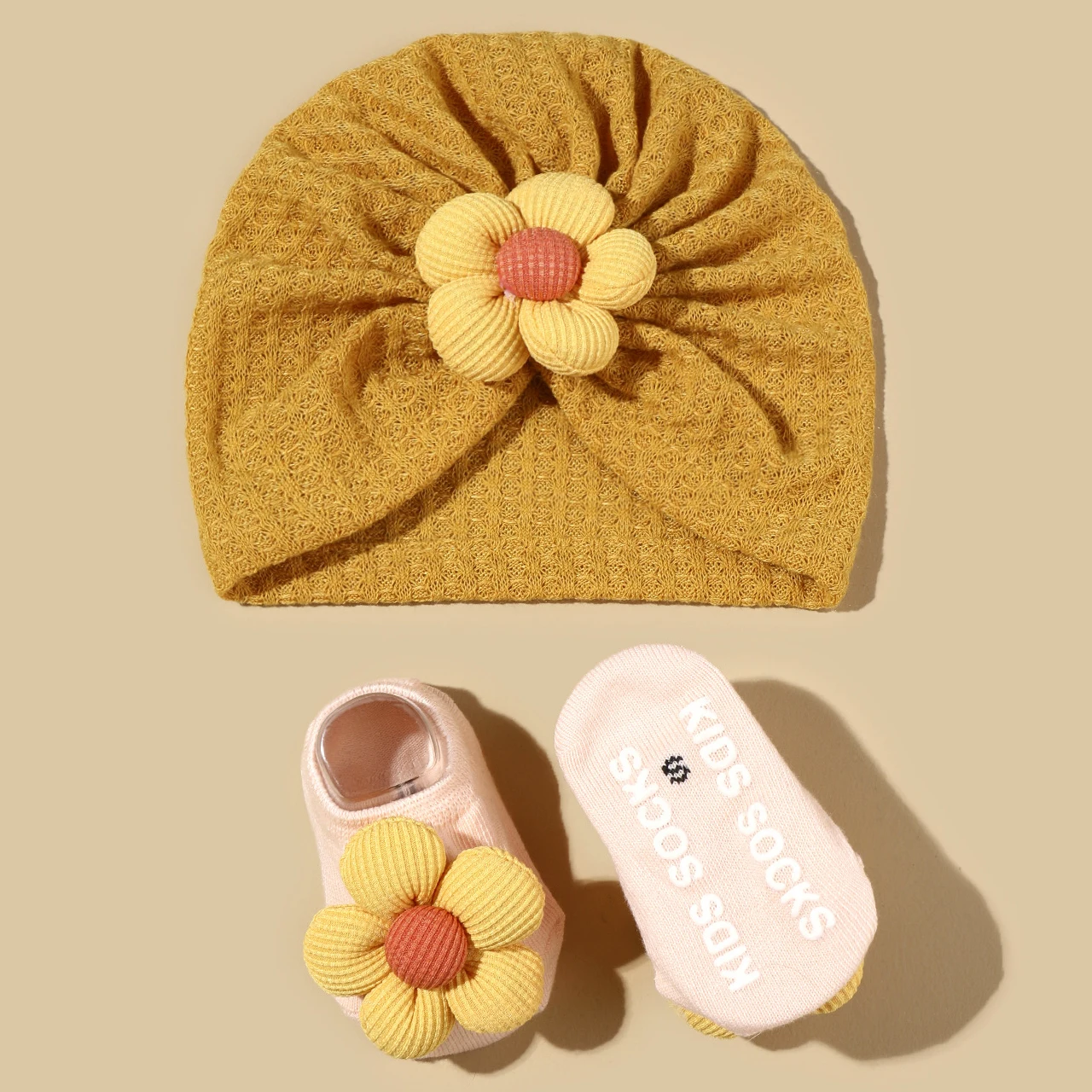 0-6Month Baby Turban Cap Socks Set Sweet Flower Toddler Headscarf Hat Newborn Bandana Headwraps Indoor Anti-slip Kids Floor Sock