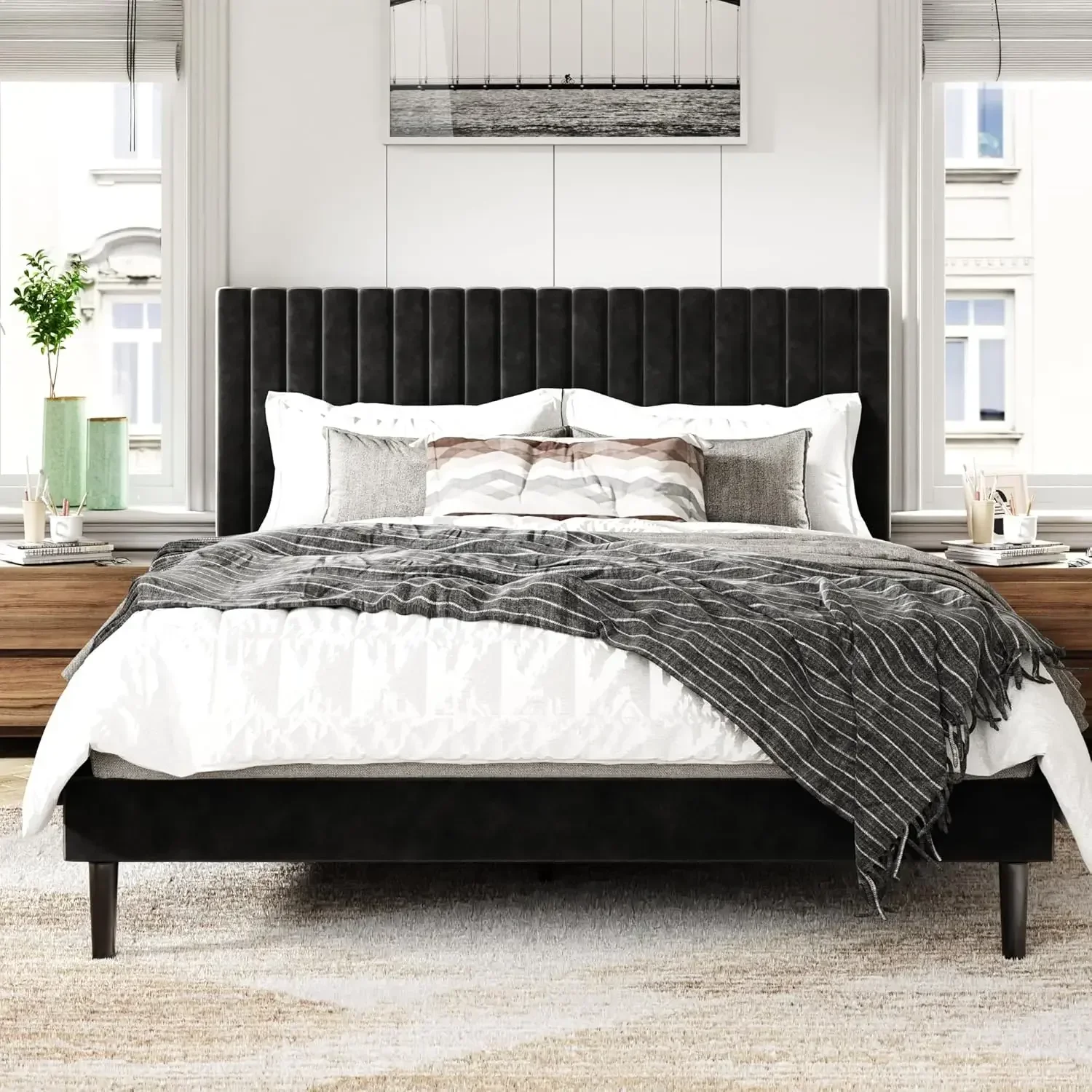 Queen Size Bed Frame with Velvet Upholstered Headboard, Platform Bed with Strong Wood Slats, Mattress Foundation