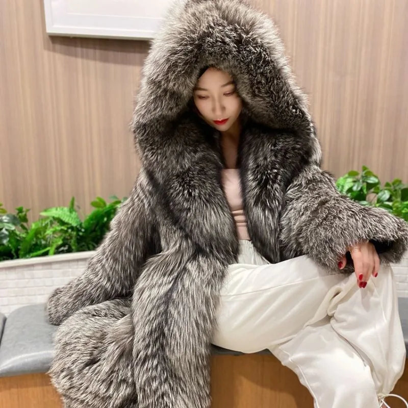 New Autumn and Winter Women Faux Fur Coat Long Faux Fox Fur Overcoat, Fashionable and Popular Hooded Overcoat Winter Windbreaker