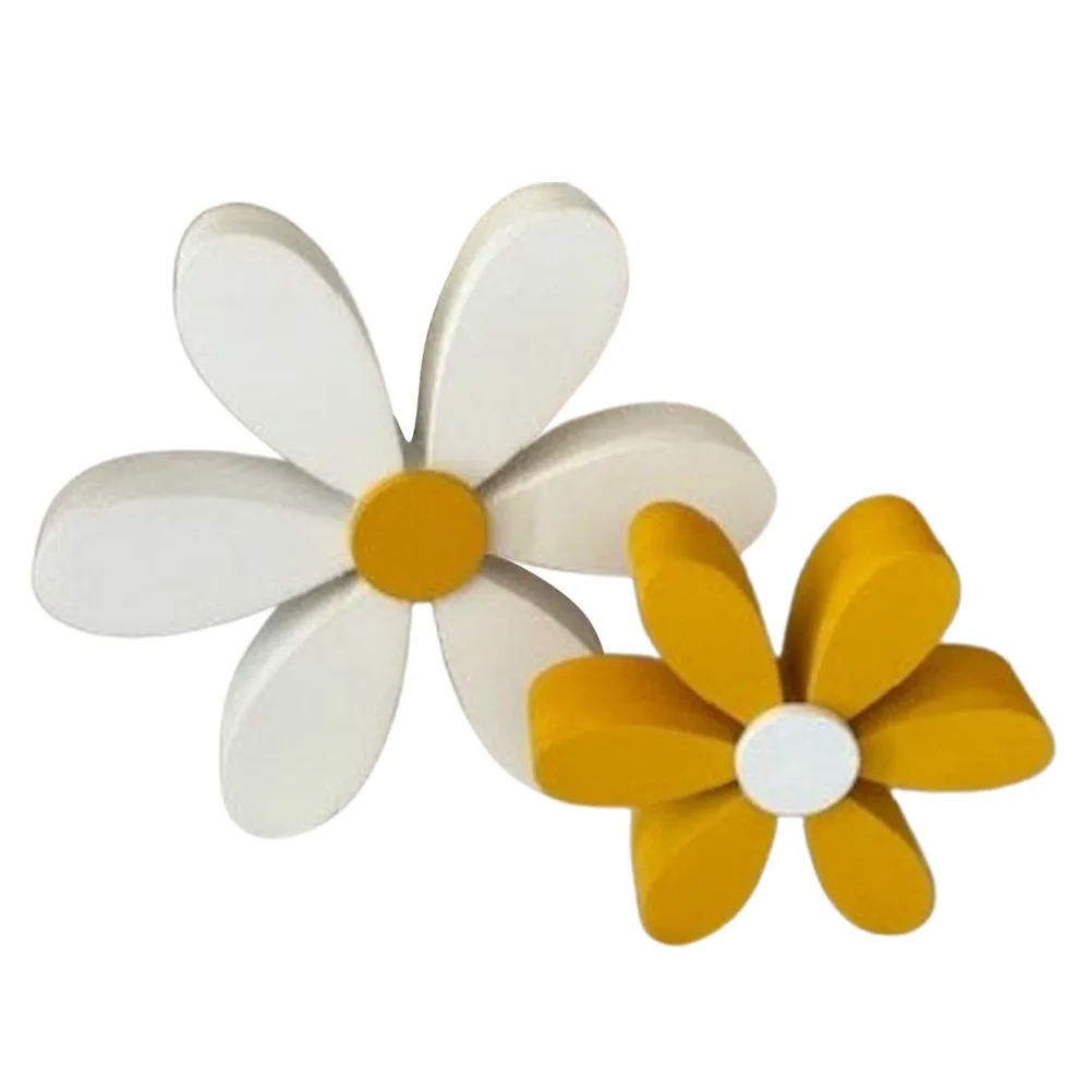 Yellow-White Color Wooden Daisy Decor Set 3D Design Handmade 3D Floral Ornaments Vintage Rustic Style Floral Tabletop Ornaments