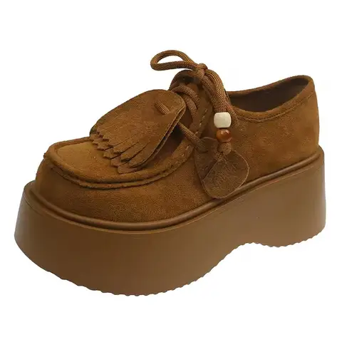 2025 컴포트 슈즈 여성 스웨이드 가죽 태슬 두꺼운 밑창 여성 라운드 토 레이스업 캐주얼 워킹화