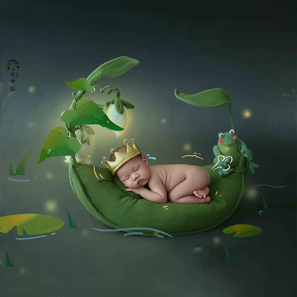 Baby Growth Milestone Photography Props Set Green Leaf Pea Pod Bed-Newborn Posing Prop Infant Photoshoot Outfit for Photo Studio