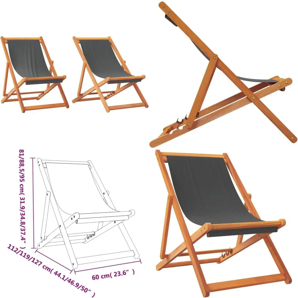 مجموعة كراسي الشاطئ المحمولة القابلة للطي في الهواء الطلق مكونة من قطعتين، قماش رمادي، خشب الأوكالبتوس، مثالية للتخييم والحديقة والاسترخاء