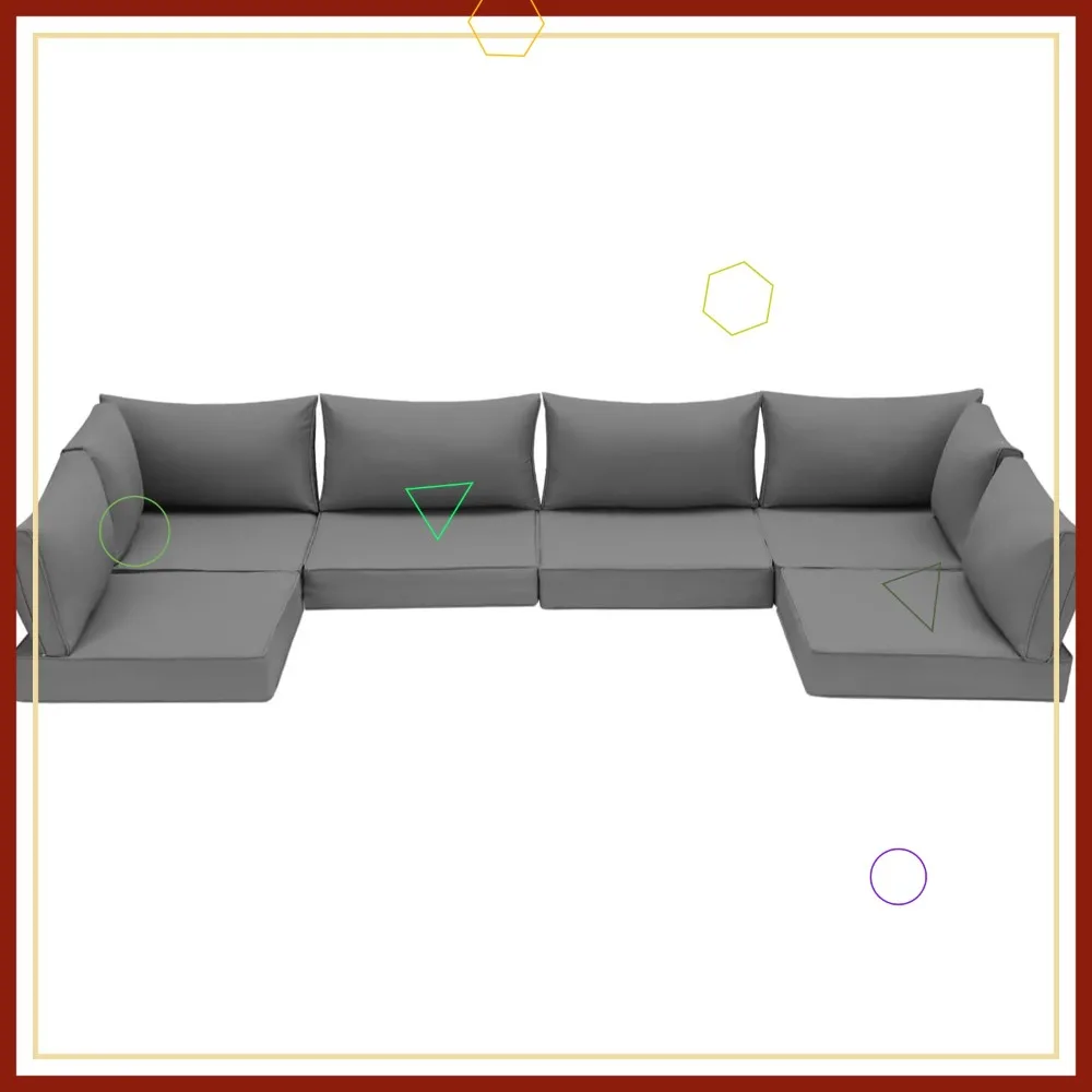 Juego de Cojines para Muebles de Patio, 14 Piezas, Resistentes al Agua, para Sofá Seccional de Mimbre y Ratán, 6 Plazas, Gris