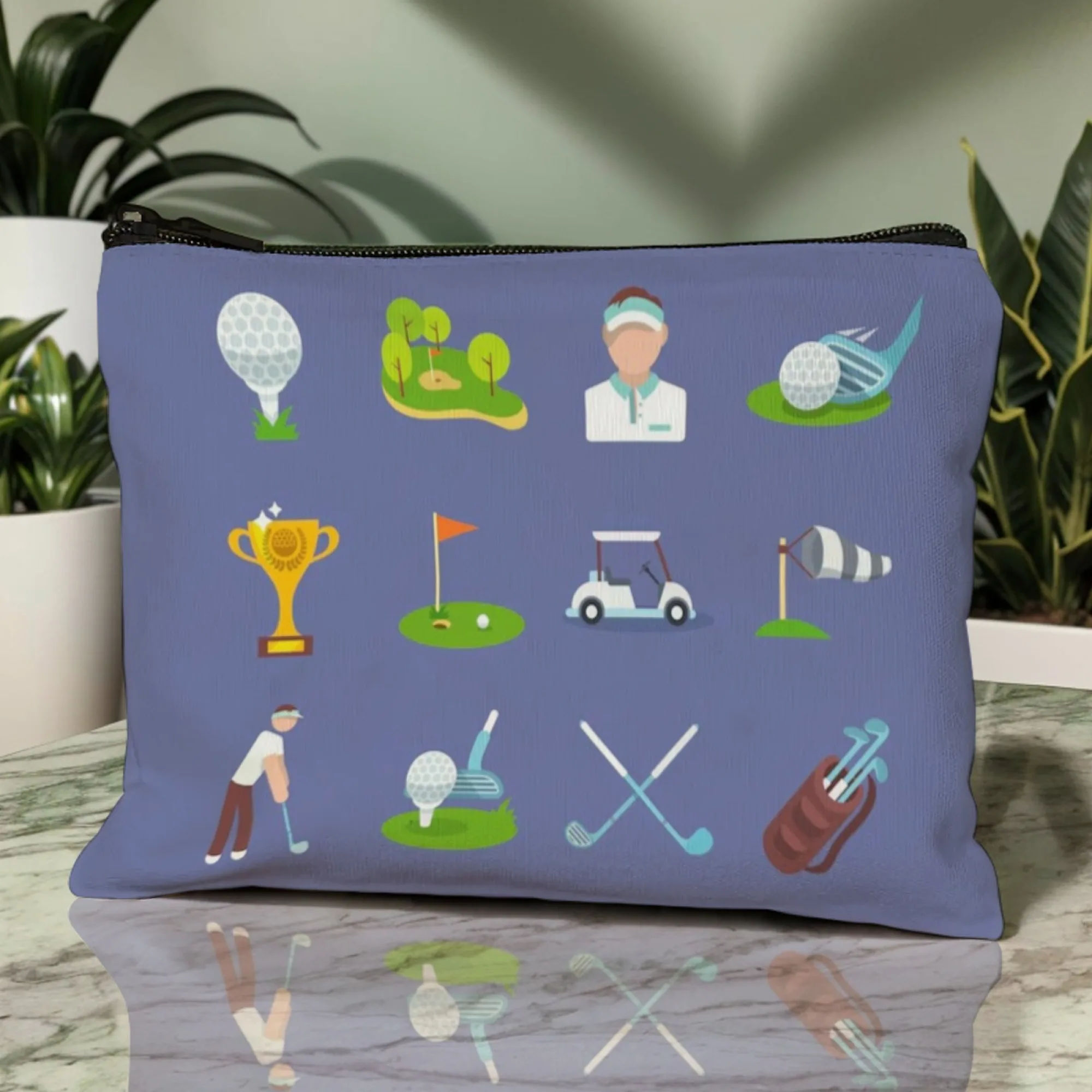 Golf-Themed Cosmetic Pouch Deep Navy Blue with Pro Golf Essentials & Course Map Sports Enthusiast’s Makeup Beauty Organizer