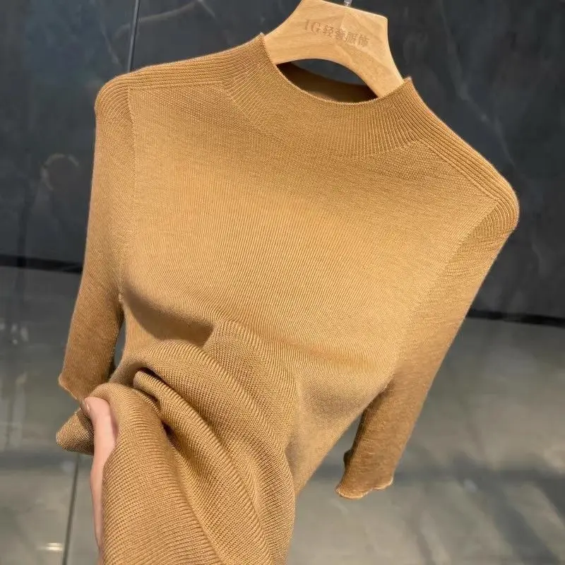 Sping Autumn New Women T-Shirts Pullovers Solid Half High Collar Korean Fashion Chic Half Sleeve Thin Bottoming Shirt Knit Tops