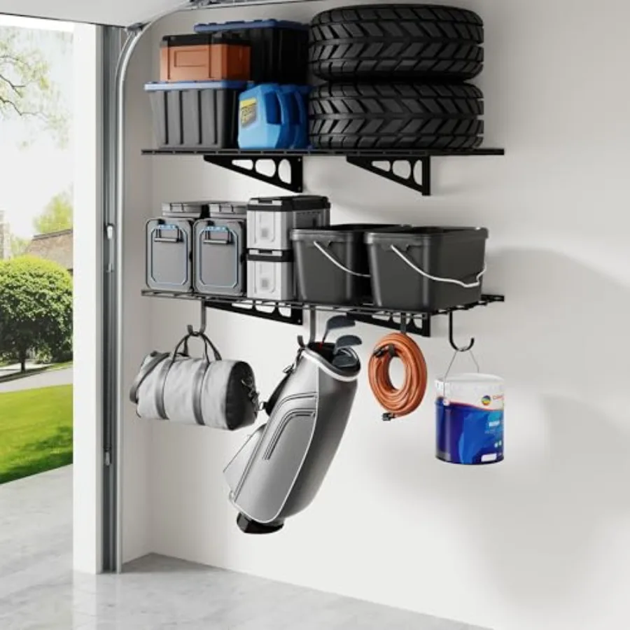 2-Pack Feet Garage Shelving with Hooks, 600lbs Load Capacity, Steel, Black, Heavy-Duty Industrial Use