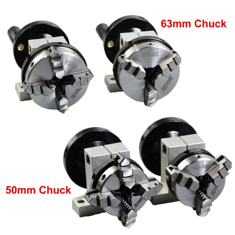 4 Jaws 50mm 63mm Chuck Manual Rotation Axis Center Height 35MM Metal Hand Crank 3 Claws Rotating Chuck DIY Woodworking Tools