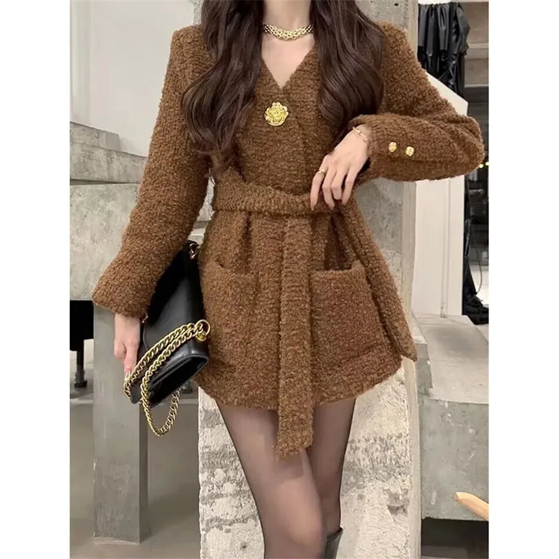 khaki Black New V-Neck Button Waist Strap Woolen Coat Women Autumn Winter Long Woolen Coats Fashion Pocket Sweater Jacket Female