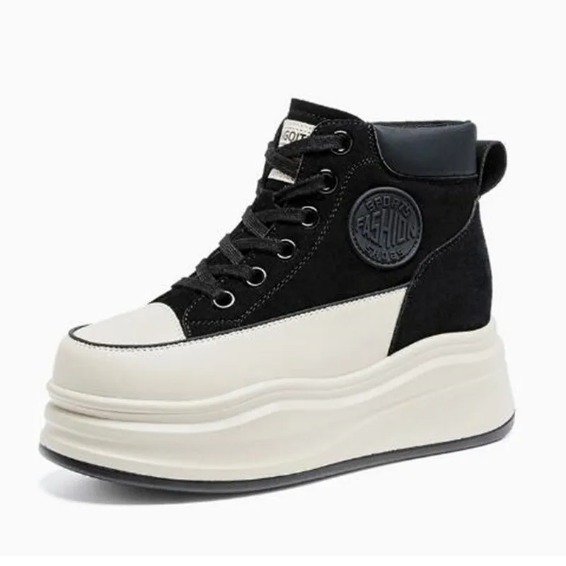 

Spring Autumn Genuine Leather Shoes Women Fashion Sneakers Flat Platform Height Increasing 8cm Ladies Brand Black Winter Boots