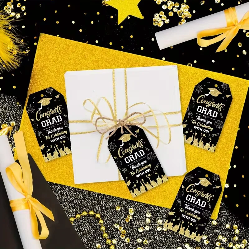 50pcs Pack Black Graduation Thank You Labels Graduation Thank You Celebration Gift Packaging Graduation Theme Hanging Tags