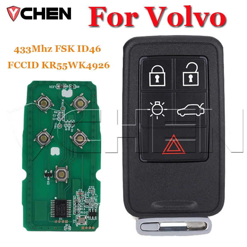 Remote Smart Car Key Fob For Volvo XC60 S60 S60L V40 V60 S80 XC70 433Mhz FSK ID46 5 Buttons FCCID KR55WK49264 Auto Keyless Go