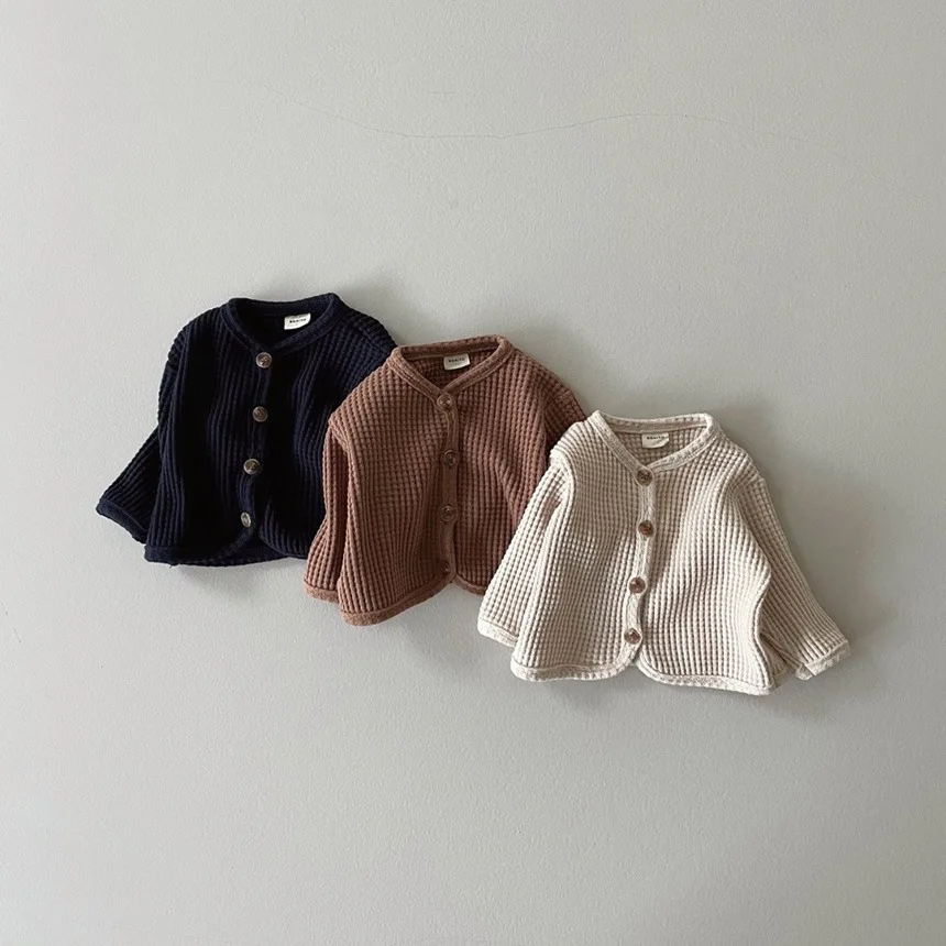 Korean Style Baby Cardigan Spring Autumn Solid Color Children's Thin Coat Waffle Base Shirt Tops Casual Jacket for Boys Girls