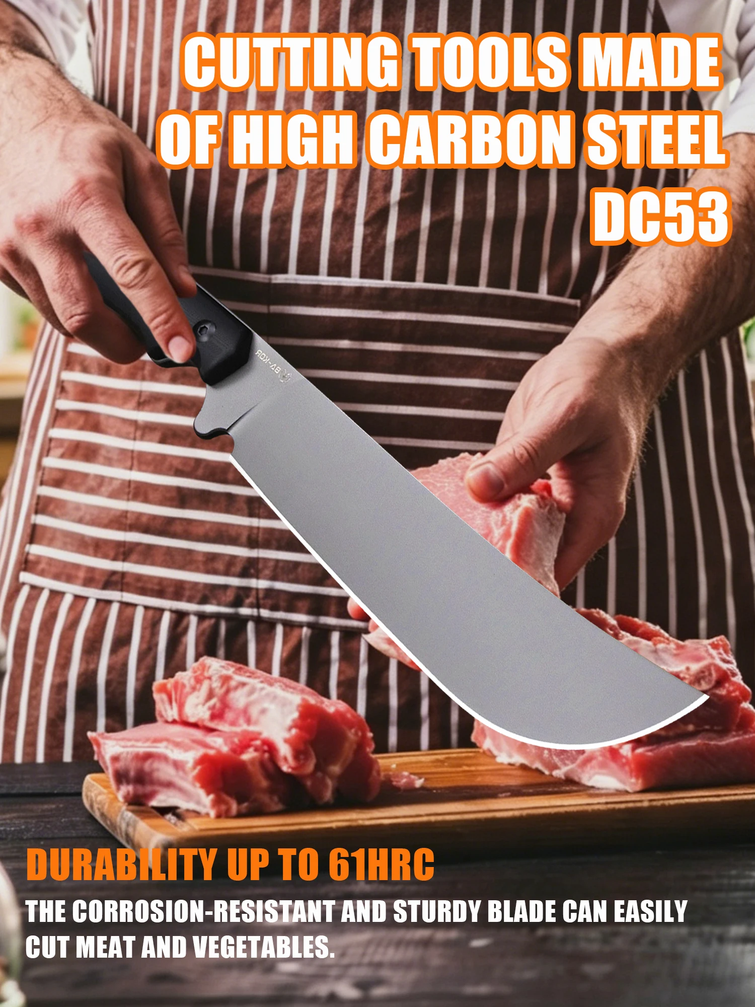 BA-KOR USA 5mm 9CR18MOV steel 14.2-inch all-Tang single-piece chef's knife, slicing knife, kitchen multi-purpose knife + sheath