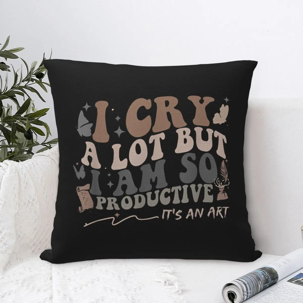 Retro I Cry A Lot But I Am So Productive Pillow Covers Room Funny Trending Meme Cushion Cover Creative Pillowcase 40*40