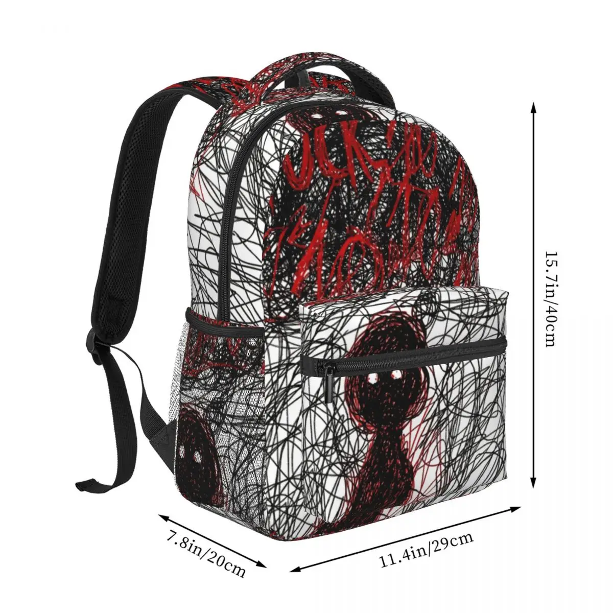 Gothic School Backpack Allover Scribble Figure Expressive Ink White Black Blood Red Edgy Daypack for School Work Weekend Outfit
