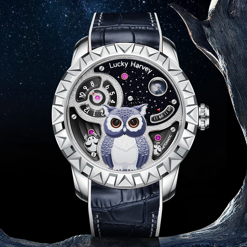 Lucky Harvey Automaton Eyes Owl Dial Watches For Man Automatic Mechanical Super Luminous Sapphire Mirror Men Watches Luxury