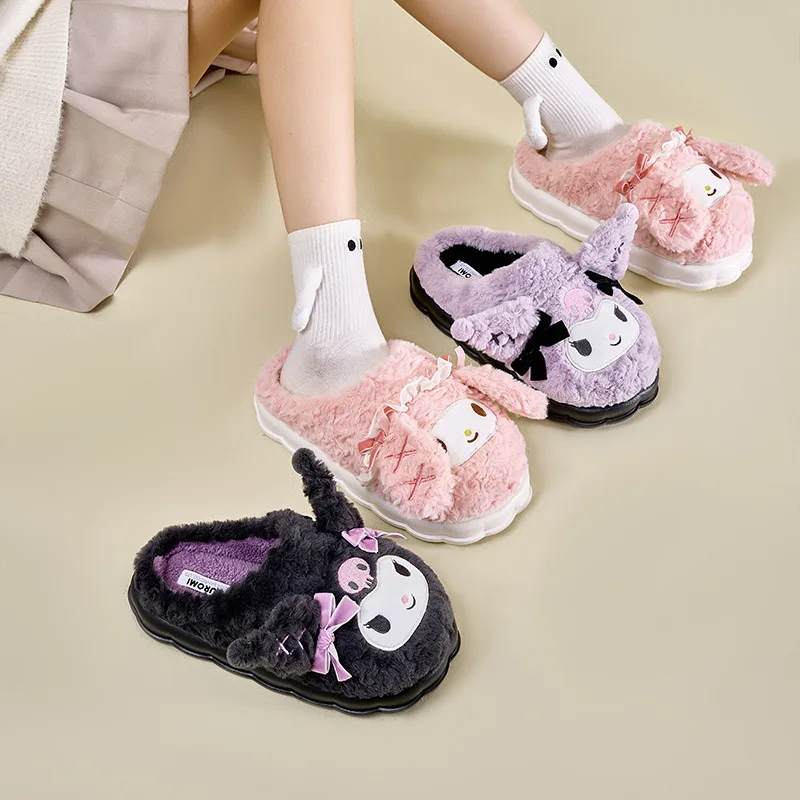 Sanrio My Melody Cotton Slippers for Women in Winter, Cute Cartoon Kuromi Fuzzy Pull On Shoes for Home Wear Thick Soled Shoes