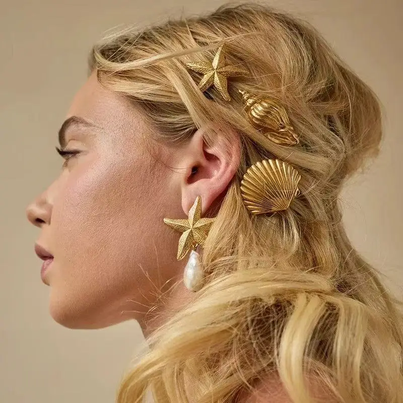 AWAYTR Trendy Gold Color Flower Shell Starfish Hair Clips Y2K Hairpins Women Girls Metal Imitation Side Hair Accessories