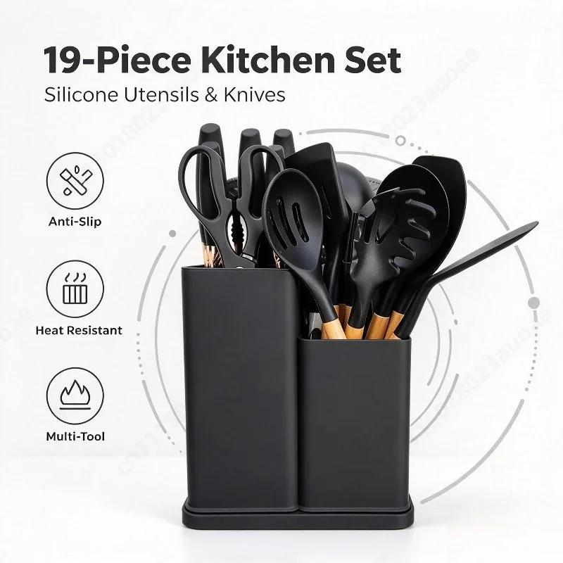 19 Pcs Silicone Kitchen Utensil Set Anti Slip Kitchen Knives Combo Heat Resistant Cooking Tools for Household Kitchen
