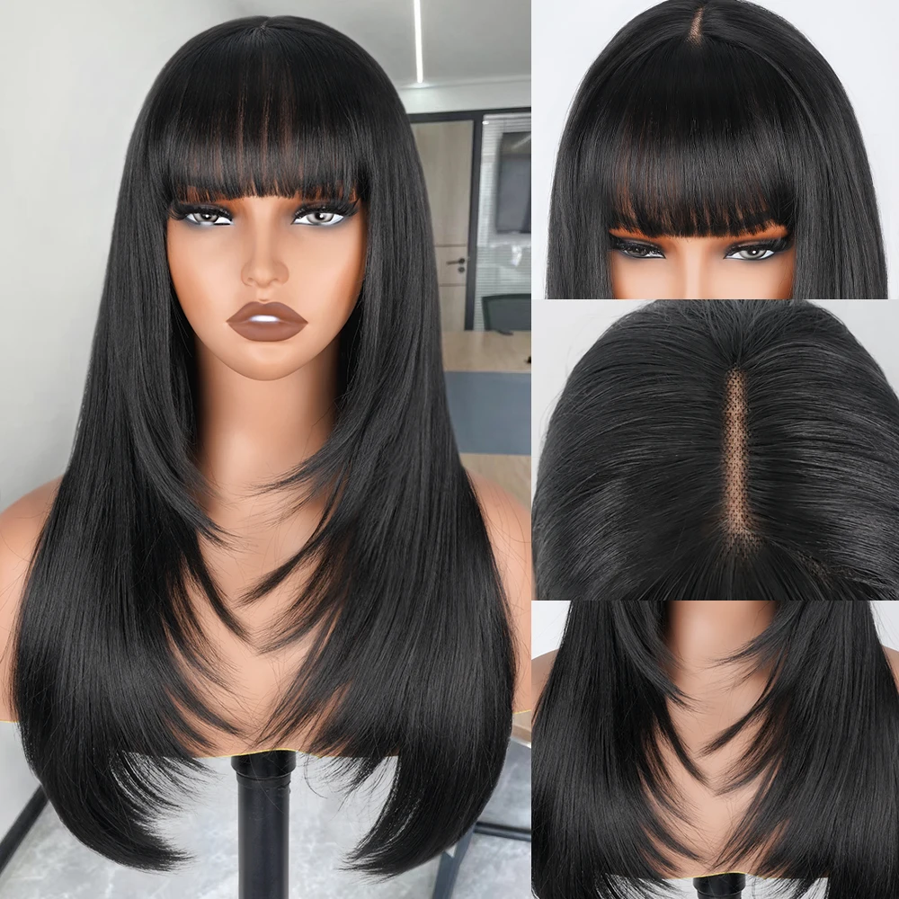 Wig potongan lurus berlapis untuk WANITA HITAM 3X1 HD renda sintetis wig berlapis dengan poni wig tanpa lem lurus hitam alami