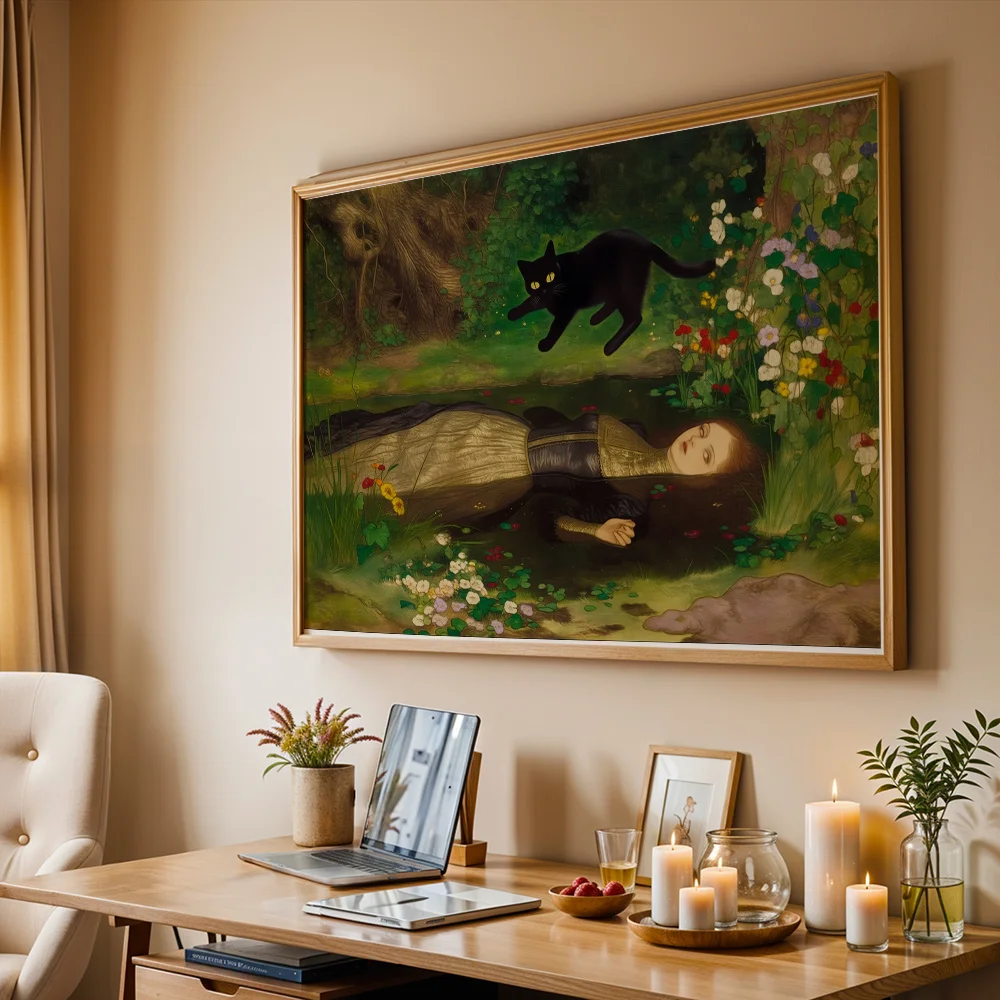 Vintage Ophelia Oil Canvas Print, Funny Jumping Black Cat Poster