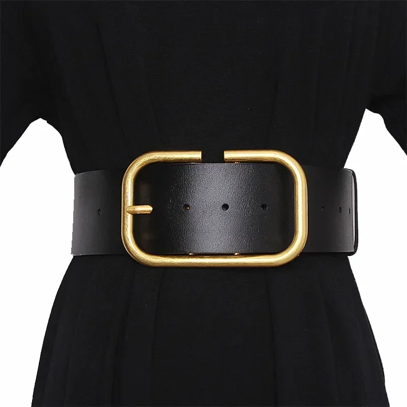 

Leather Wide Belt for Women Gold Square Buckle Pin Buckle Jeans Black Belt Luxury Brand Ladies Vintage Strap Female Waistband