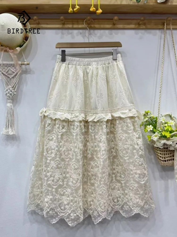 

New 2025 Summer Cotton Skirt, Women Elastic Waist Embroidery Lace Patchwork, Mori Girl Retro Fairy INS Loose Cake Skirt B57126CC