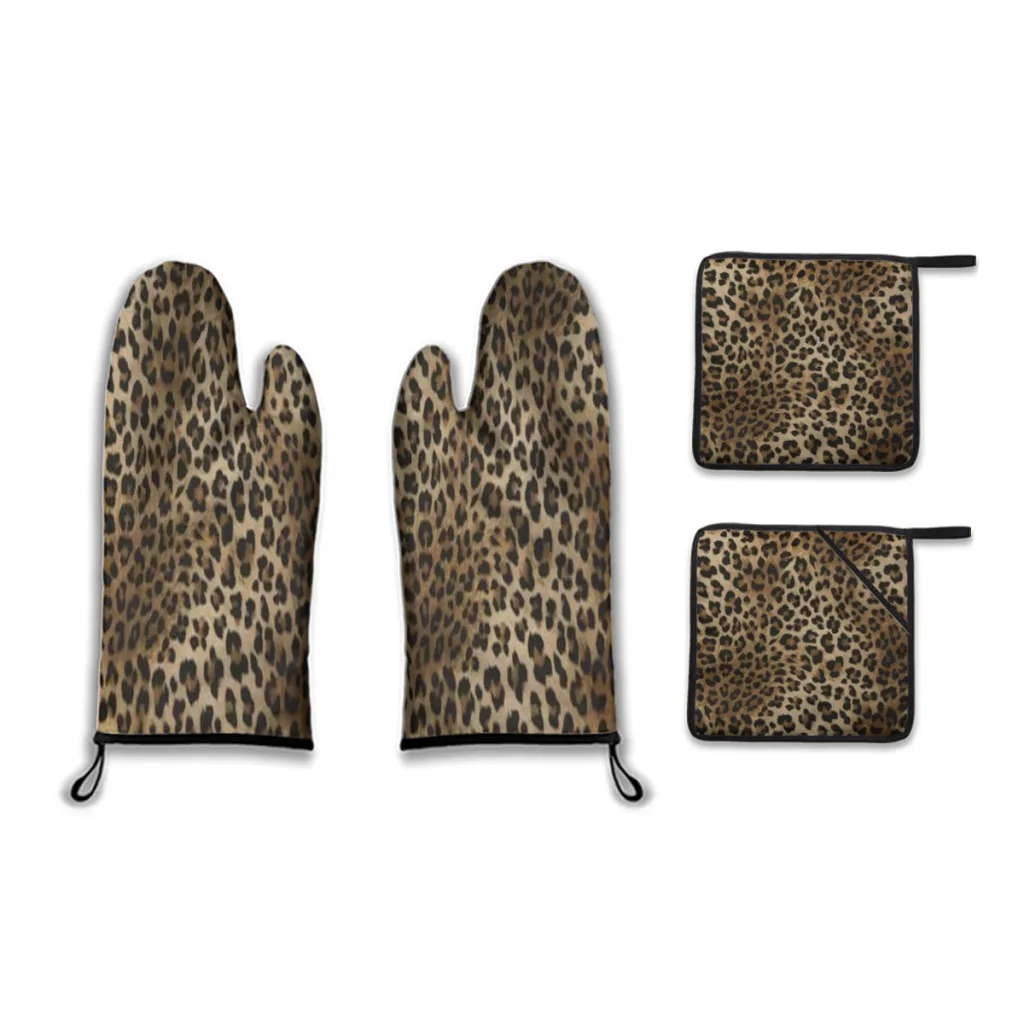 

Leopard print 2pcs Gloves Thickened Insulation Gloves 2pc insulation pad Anti Slip Anti Scald Oven Gloves Kitchen Baking Tools