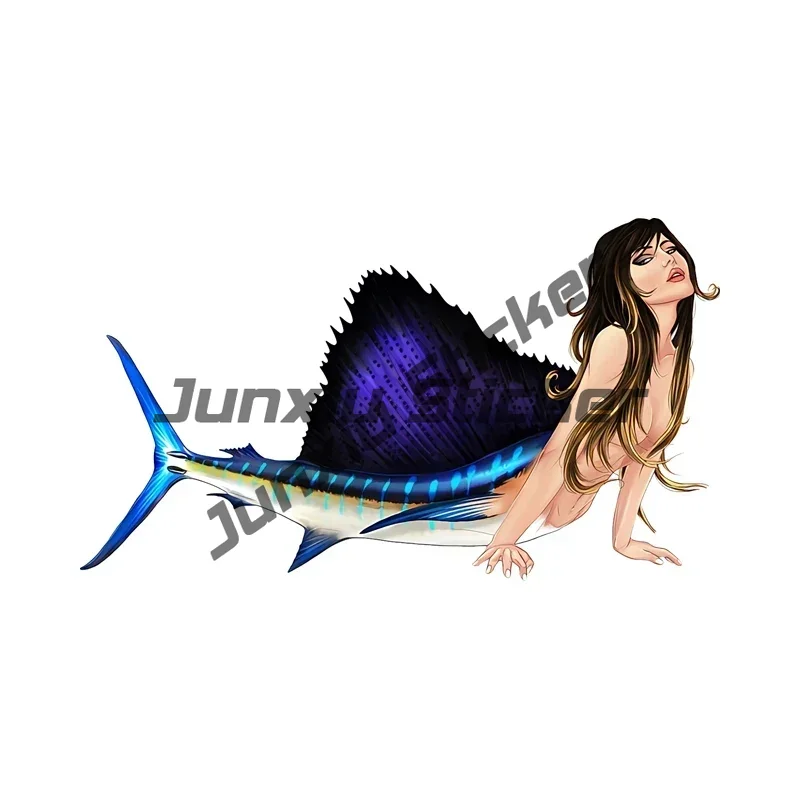 Pin Up Girl Sitting on Tuna Car Sticker Bikini Woman Retro Fish Tackle Box Decal Waterproof Toolbox Car Accessories view 2
