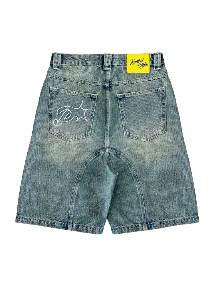 Men's denim shorts Y2k retro Harajuku short jeans women's washing embroidery American retro cowboy Jorts loose hip-hop hip-hop