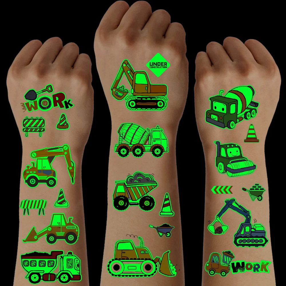 

10-светящиеся в темноте наклейки для татуировок на строительной машине, включая инженерную машину, пожарные грузовики, бульдозеры, экскаваторы, башни-краны и другие модели строительных работ, подходят для вечеринок и рождественских подарков