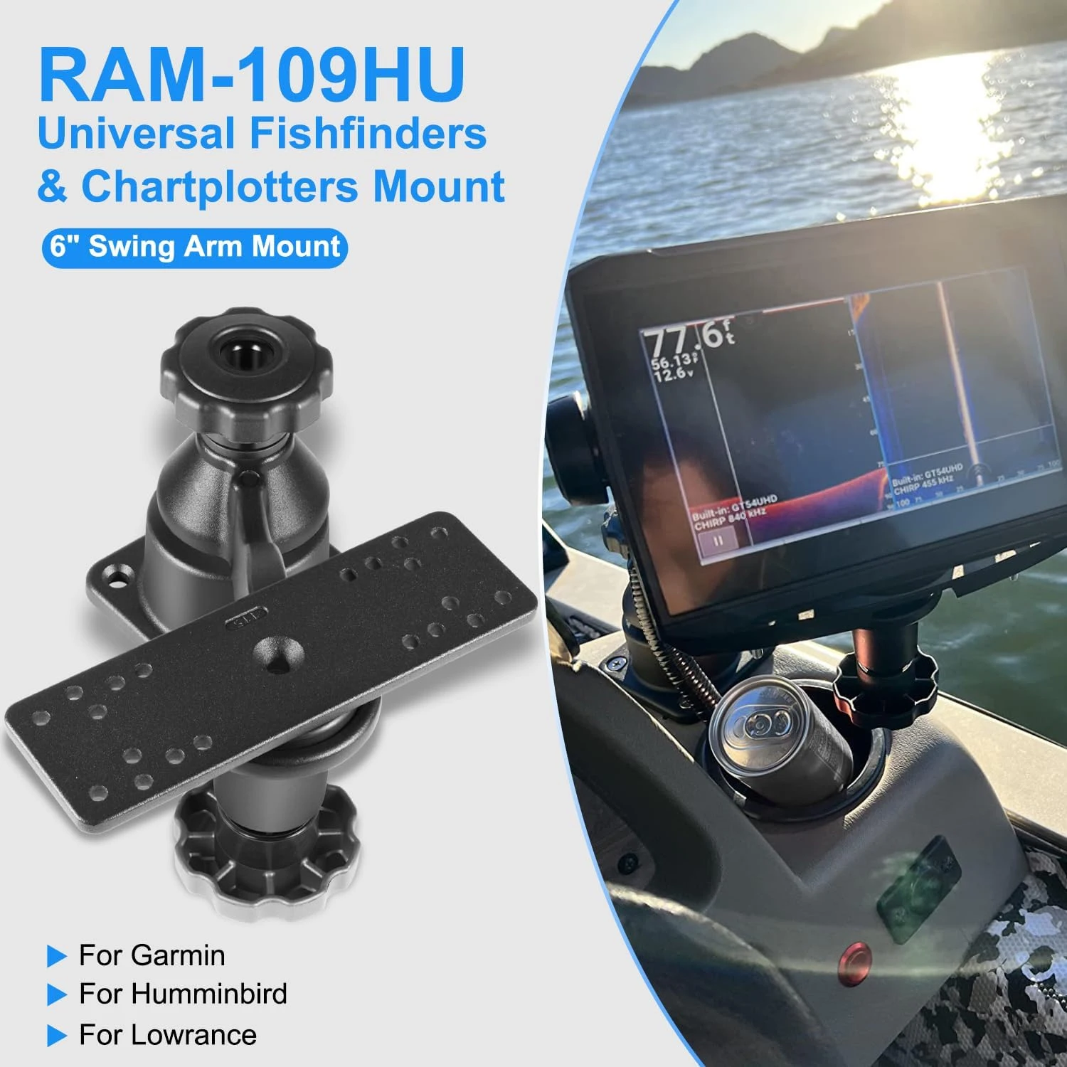 ram-109hu-supporto-universale-con-braccio-oscillante-orizzontale-da-6-per-telemetri-e-plotter-da-caccia-compatibile-con-garmin-humminbird-lowrance