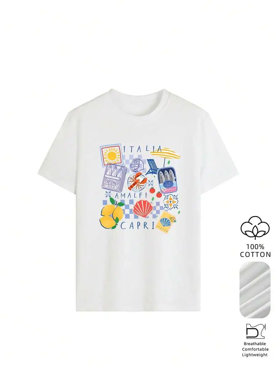 100% Cotton Italian Amalfi Lemon Print Women's Casual Vacation Style Summer Beach Top, Breathable European Summer Travel T-Shirt