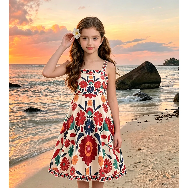 Girls 8-12 Floral Casual Dress, Front Square Neck Spaghetti Straps Floral Print A-Line/Back Smocked Bodice, Daily Kids Outfit