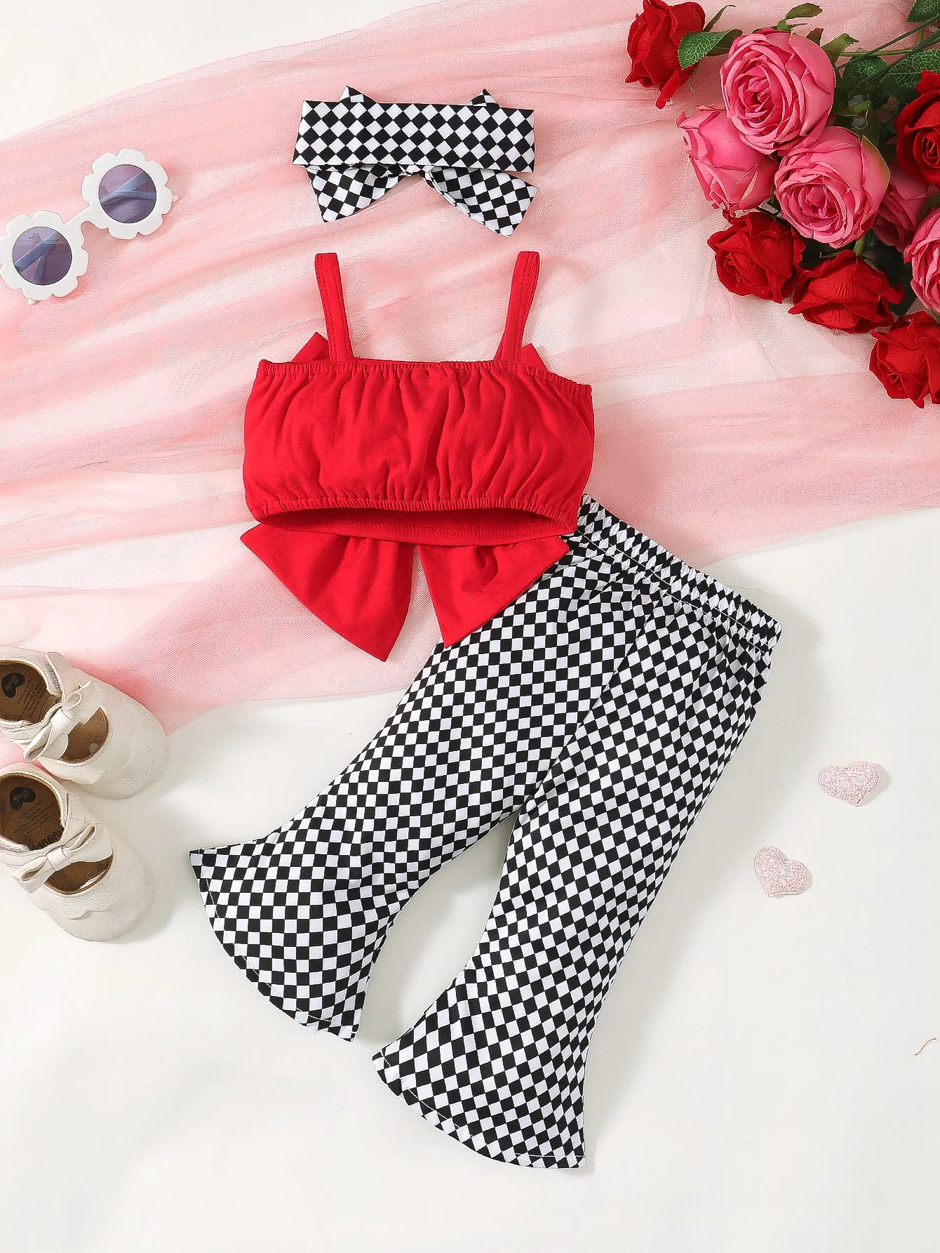 2024 Baby Girl Clothing Set Summer Newborn Baby Girl 3 - 24M Red Bow Strap Top Checkered Print Flared Pants Toddler Outfit