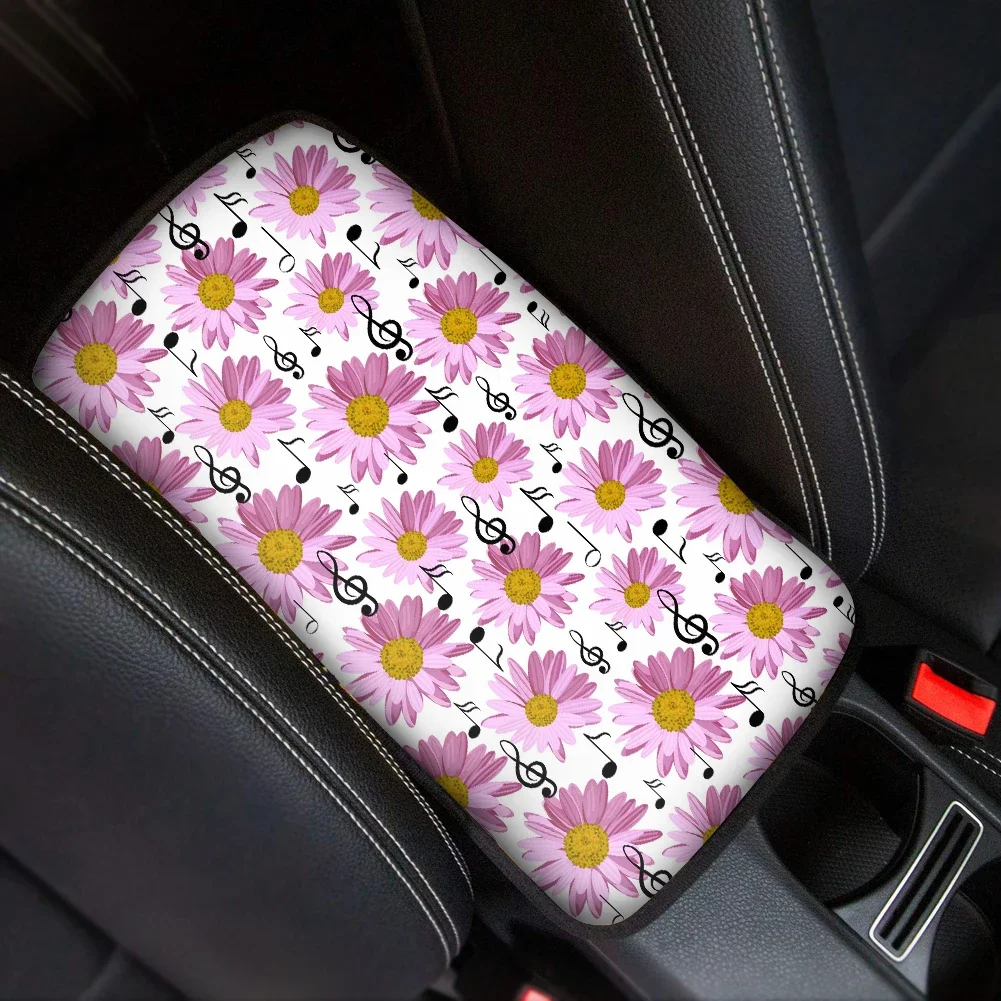 Musical Notes and Pink Daisies Print Washable Car Armrest Cover for Car Easy Clean Car Accessories Center Console Protector 2pcs