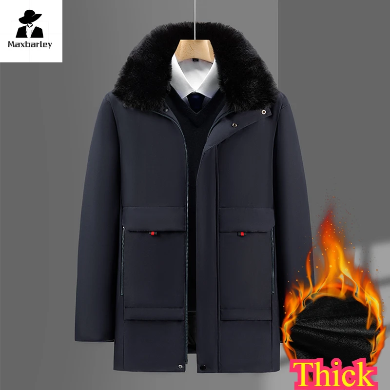 Winter Luxury Jacket Men's Casual Brand Thick Detachable Fur Collar Warm Parka High Quality Cold-proof Mid-length Padded Coat