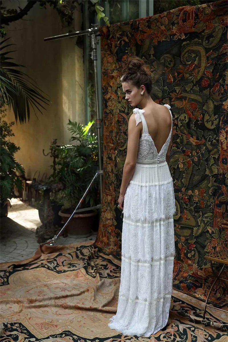 Customized Boho Spaghetti Straps Sweetheart Neckline V-Backless A-line Floor Length Wedding Dresses Lace Layered Bridal Gowns